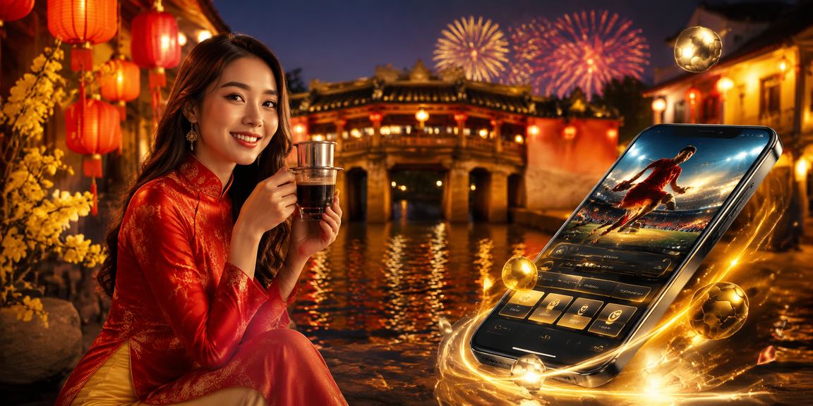 Người mặc áo dài tại Hội An đặt cược thể thao trực tuyến trên điện thoại